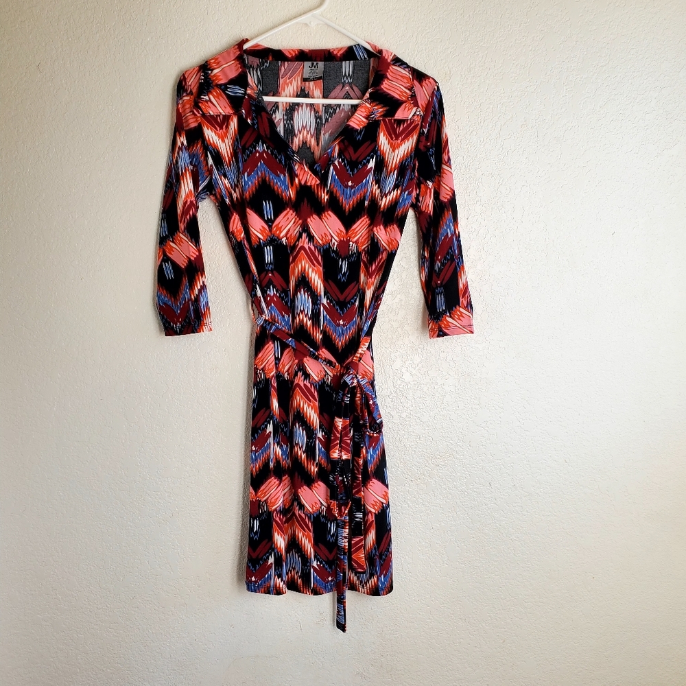 JM Collection Red Multi-color Geo Print 3/4 Sleeve Dress‎ S Art Church Offfice